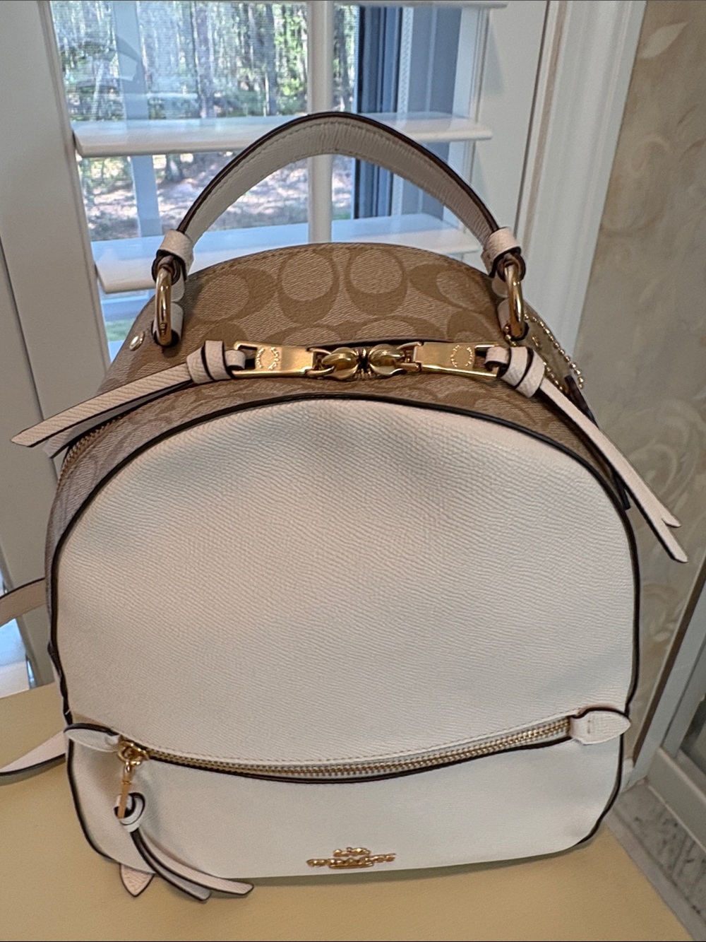 Coach Jordyn Backpack in Chalk Pebble Leather, Signature Logo and  Gold Hardware